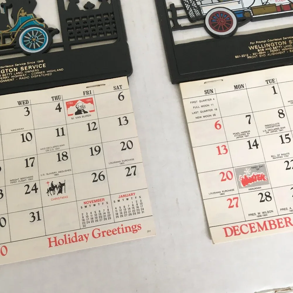 Vintage car service place calendar lot plastic cut out tops old cars silhouette